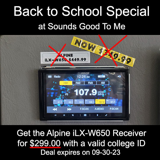 Get the Alpine iLX-W650 receiver at Sounds Good To Me in Tempe, AZ for $299.00 with an active college student ID. Expires on 09-30-23